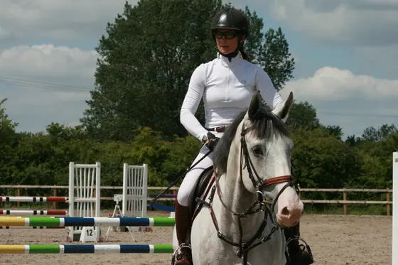 A rider on a grey in the collecting ring