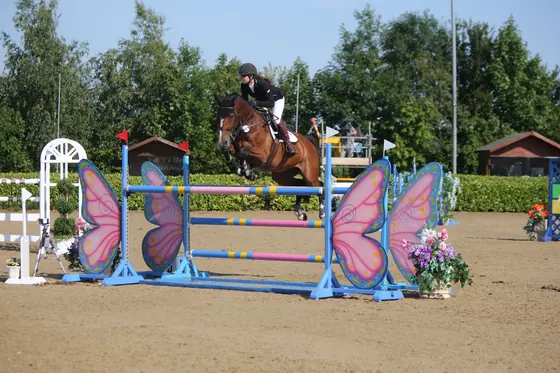 A bay jumping a fence with pink butterfly wings